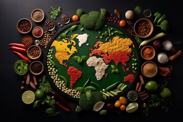 Wall Mural - Diverse range of global cuisines. Top view of world map made of food ingredients and vegetables.