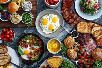 Wall Mural - a brunch spread with a variety of dishes, including eggs, bacon, pastries, and fresh fruit