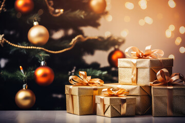 Wall Mural - Merry Christmas and Happy New Year background with copy space. Xmas gifts box and Christmas balls, festive bokeh. Design for poster, holiday banner, flyer or greeting card.