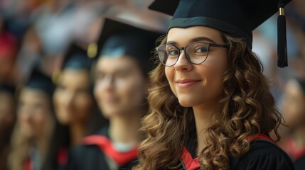 Wall Mural - a woman wearing glasses and a graduation cap smiles