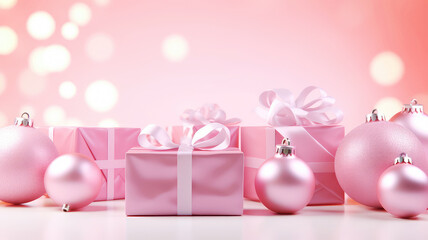 Wall Mural - Pink Christmas background with festive gift boxes and Christmas balls. Holiday pink Christmas and New Year backdrop with copy space.