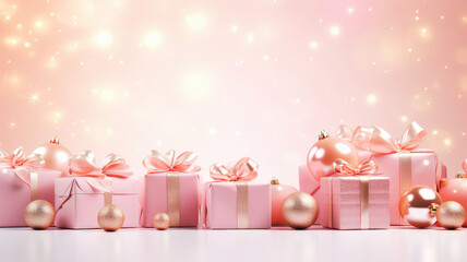 Wall Mural - Pink Christmas background with festive gift boxes and Christmas balls. Holiday pink Christmas and New Year backdrop with copy space.