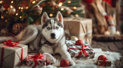 Wall Mural - Christmas themed photo of a cute 9 month old Siberian Husky with wrapped gifts