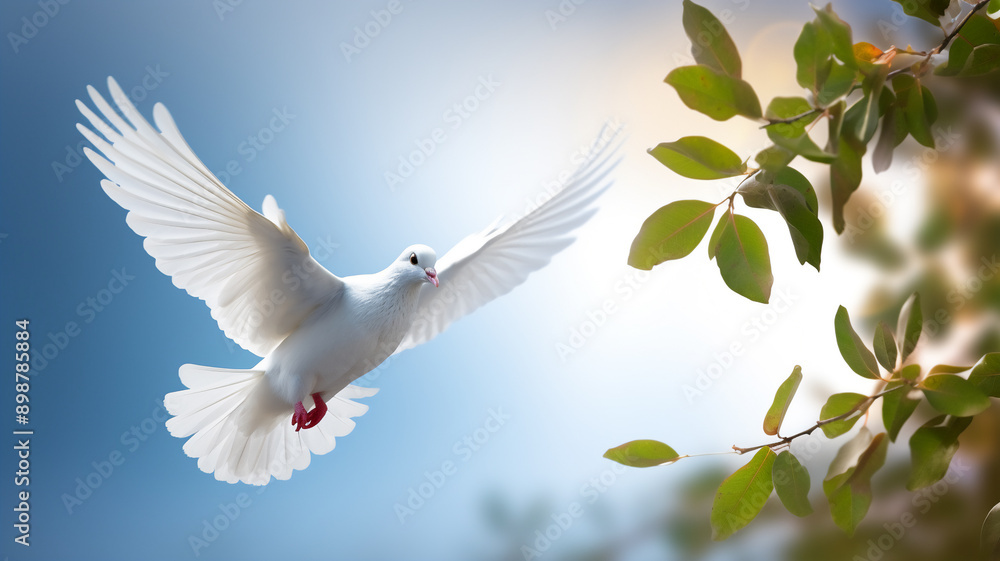 Two white dove flying in the air carrying a olive leaf branch on a blue ...