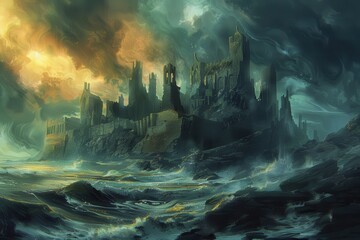 Wall Mural - Ancient castle ruins by the stormy sea