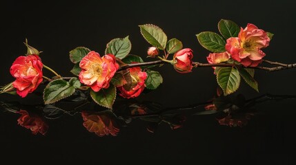 Canvas Print - Macro image of branch with red and pink rose blossoms and green leaves on black background