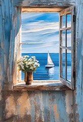 An open window reveals a serene view of a sailboat on the blue ocean framed by a weathered wooden window frame and flower bouquet