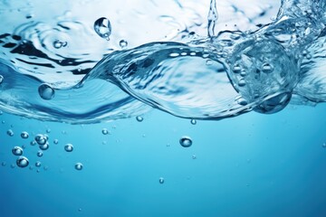 Wall Mural - Water surface with air bubbles. Water texture. Water Drops. Water splash with bubbles on blue background. Copy space for text. Water wave and air bubbles in blue water background. Copy space.