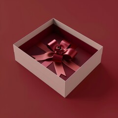 Blank white gift box open or top view of present box tied with red ribbon and bow isolated on red background with shadow minimal conceptual 3D, Generative AI