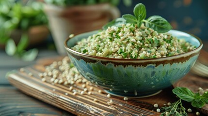 Green buckwheat bowl on wooden table Superfood concept Raw buckwheat porridge Healthy vegan eco diet Organic products for weight loss