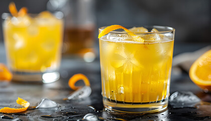 Wall Mural - Penicillin alcoholic cocktail with scotch, whiskey, honey ginger syrup, lemon juice and ice in glass garnished with orange zest