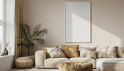 Wall Mural - Bright and airy living room neutral tones with empty frame