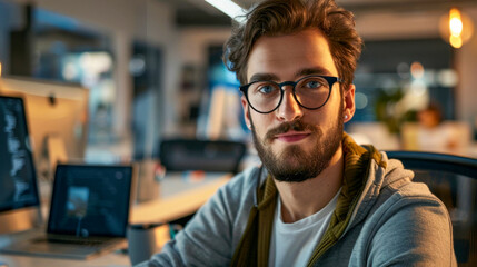 Confident computer programmer working late on computer in office