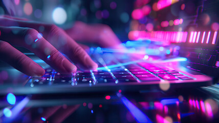 Programmer working on their professional development types on a laptop computer keyboard. Coding Language User Interface on Screens. Development of software and coding, AI and web design