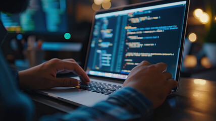 Programmer working on their professional development types on a laptop computer keyboard. Coding Language User Interface on Screens. Development of software and coding, AI and web design