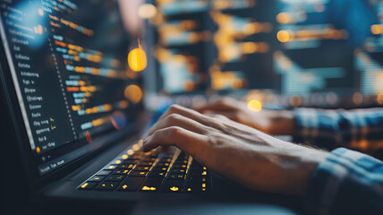 Programmer working on their professional development types on a laptop computer keyboard. Coding Language User Interface on Screens. Development of software and coding, AI and web design