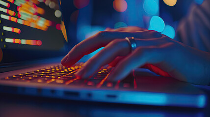 Programmer working on their professional development types on a laptop computer keyboard. Coding Language User Interface on Screens. Development of software and coding, AI and web design