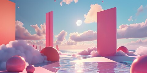 Pink Dreamy Sky with Floating Geometric Shapes