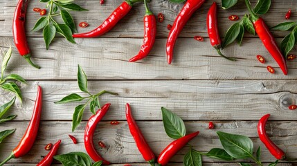 Wall Mural - Vibrant red chili peppers with green leaves on rustic wooden surface