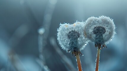 Wall Mural -   A pair of dandelions rest beside one another atop a lush green meadow, adorned with droplets of water