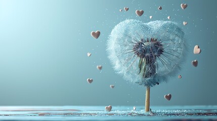 Wall Mural -   Dandelion heart shape on blue background with falling hearts