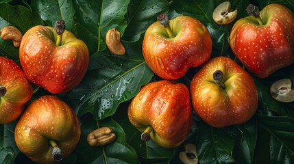 Vibrant cashew apples with mature nuts on green leaves at harvest time