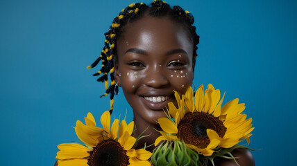 A portrait of a young adult and South-African woman holding flowers; sunflowers, while smiling at the camera with an isolated blue background with copy space 