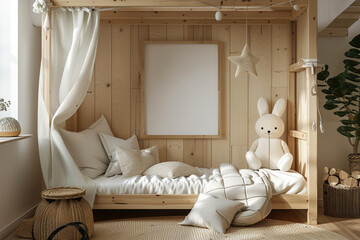 Wall Mural - Bright Japandi childrens bedroom light wood tones with empty frame