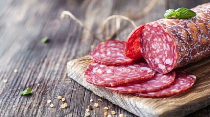 Canvas Print - Spicy Salami Slices on Wooden Cutting Board