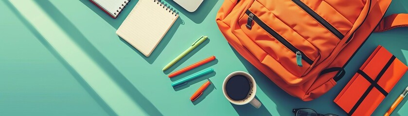 Flat design of a work backpack with office supplies including a laptop, planner, pens, and a coffee mug on a professional surface