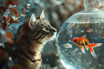 Wall Mural - curious cat gazing at a goldfish inside a round fishbowl, surrounded by leaves and bokeh background,