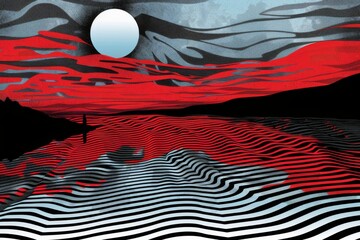 Wall Mural - futuristic abstract landscape with black and red waves and a white orb showcasing a stark contrast
