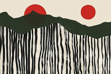 Wall Mural - minimalist abstract landscape with black lines and red suns showcasing simplicity and balance