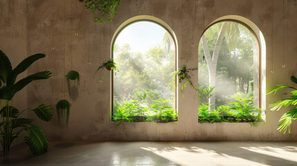 Poster - look thru the arch glass windows to the sunny sky and we see the top of the tall trees around us , some blossoms and some sun light thru the leaves  of the forest background