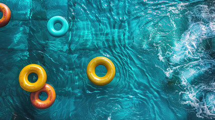 bird eye view  of the blue pool with colorful floating  toys on sunny day