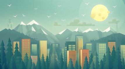 Sticker - Cityscape with Mountains and a Big Yellow Sun