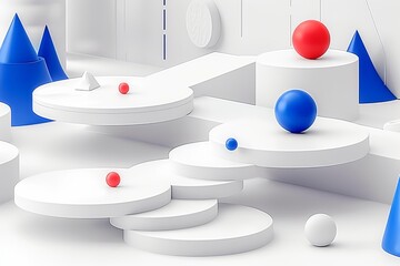 Wall Mural - abstract geometric composition with floating spheres and structures in white and blue showcasing mod