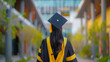 © deimos.az - Photo of a woman wearing a black and yellow graduation gownwith a blurred college building in the background.