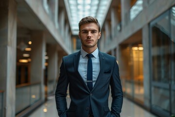 Wall Mural - portrait of a businessman person in full height. full body seen. wearing a business suit. handsome brunette man. looking forward. Generative AI