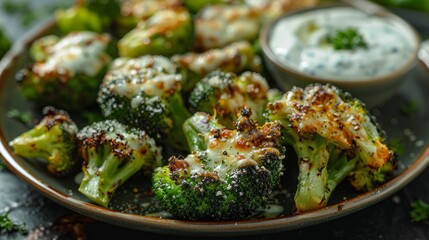 Wall Mural - Broccoli sticks with mozzarella cheese served on a plate with dipping sauce