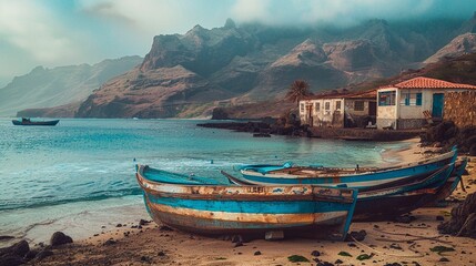 Wall Mural - view of the old town of the Mediterranean and boats on the shore