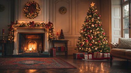 Wall Mural - Christmas Tree with Decorations Near a Fireplace with Lights in living room , Beautiful Christmas gift boxes on floor near fir tree in room