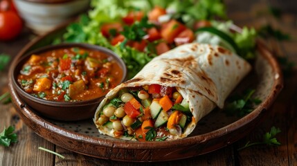 Wall Mural - Fresh vegetable wraps with spicy sauce and salad on a wooden table at dinner time