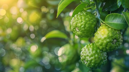 Wall Mural - Fresh bergamot fruit growing on tree branch with sunlight in orchard