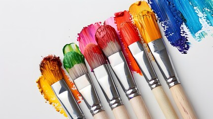 Colorful paintbrushes and paint on a white background