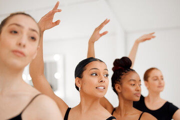 Canvas Print - Group, ballet and women stretching in studio for fitness, balance exercise and body flexibility. People, dancer and warm up for training, talent and performance together in dancing class of rehearsal