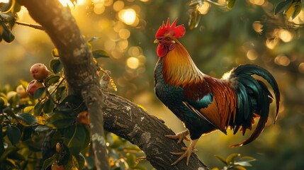 Wall Mural - Colorful rooster perched in a tree at sunset amongst lush green leaves