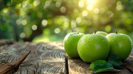 Wall Mural - Three Green Apples On Rustic Wooden Table In Sunny Orchard