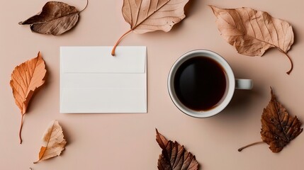 Poster - Flat lay composition with cup of coffee on table with autumn leaves