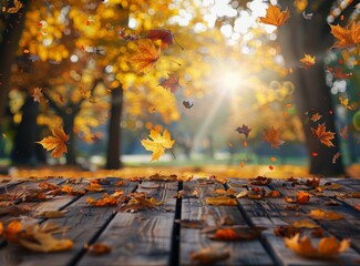 Wall Mural - Autumn Leaves Falling on a Wooden Deck in a Forest